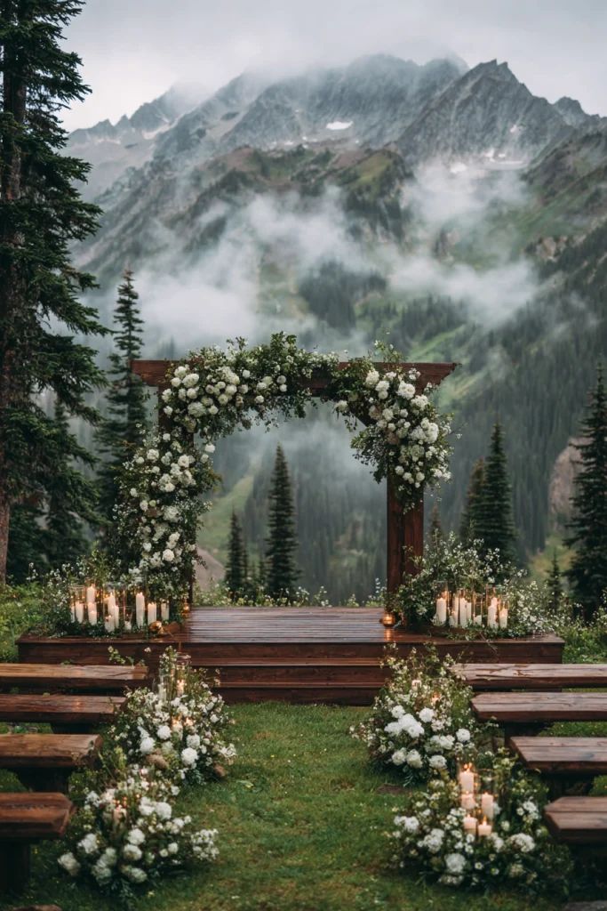 A misty mountain ceremony with candles and wooden benches